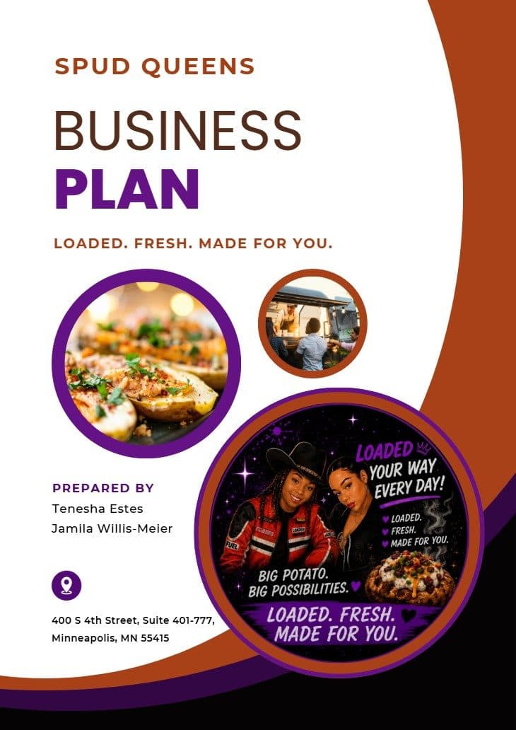 Professional cover page of the completed Spud Queens business plan.