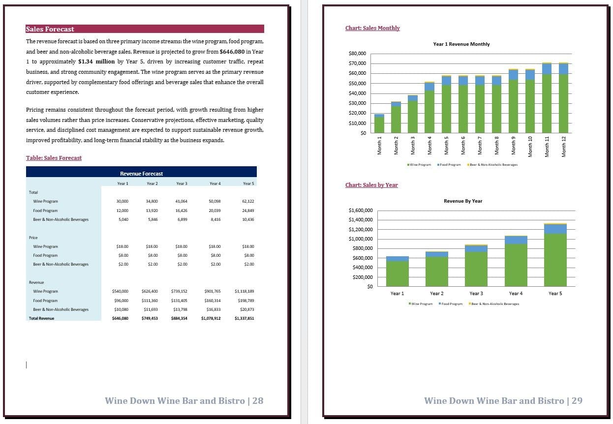 Five-year financial model including revenue forecasts, expenses, and profitability projections.